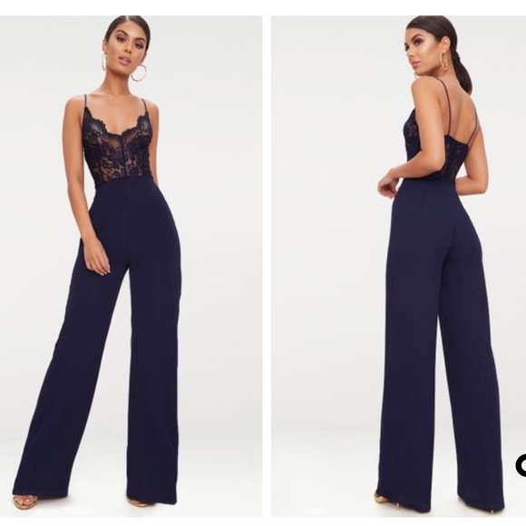 pretty little thing navy lace jumpsuit